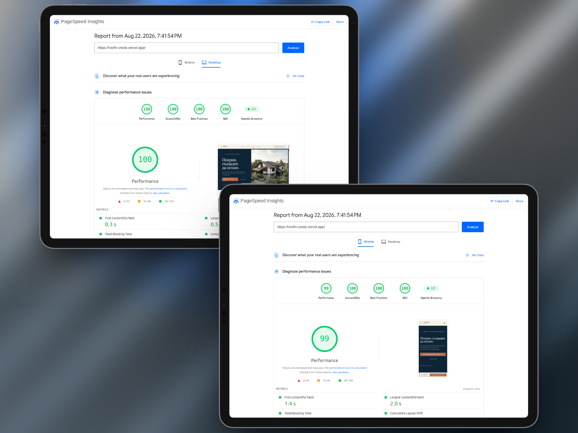 Резултати от теста с Google PageSpeed Insights за нашия готов лендинг сайт
