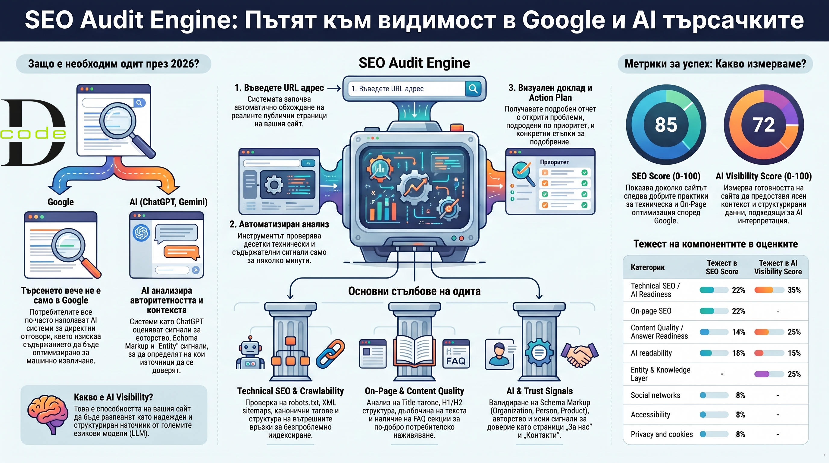 Инфографика за SEO Audit Engine от DIMITROV.code - процес на автоматизиран одит, основни стълбове за оптимизация и изчисляване на SEO Score и AI Visibility Score за Google, ChatGPT и Gemini.