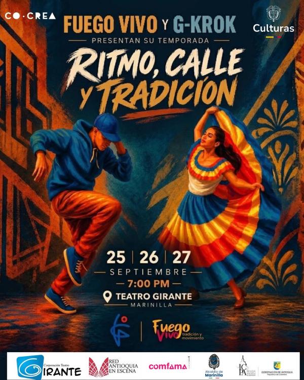 Afiche de Ritmo, calle y tradición: un bailarín urbano y una bailarina con pollera de colores