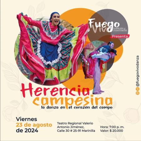 Afiche de Herencia Campesina con una bailarina de pollera roja