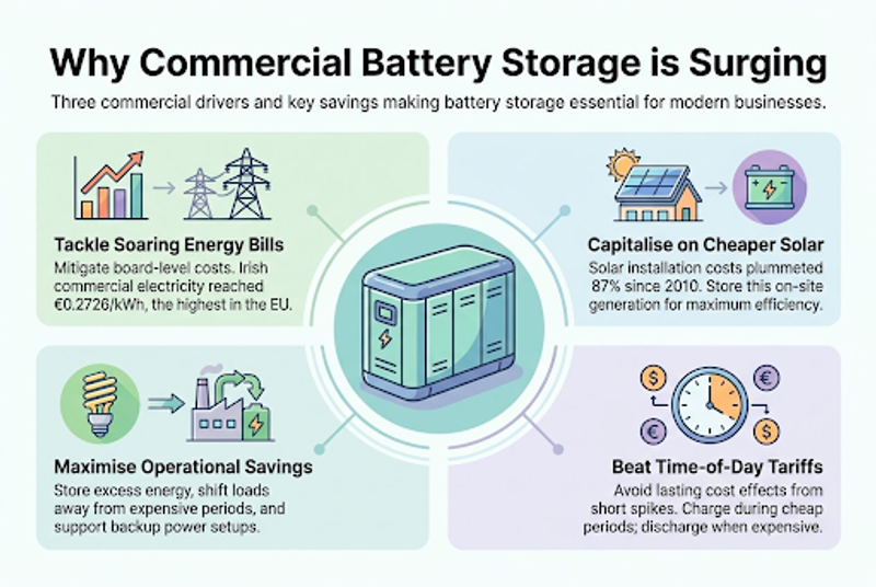 Infographic explaining why commercial battery storage is surging, highlighting four main benefits: tackling high energy bills, capitalizing on cheaper solar energy, beating time-of-day tariffs, and maximizing operational savings.