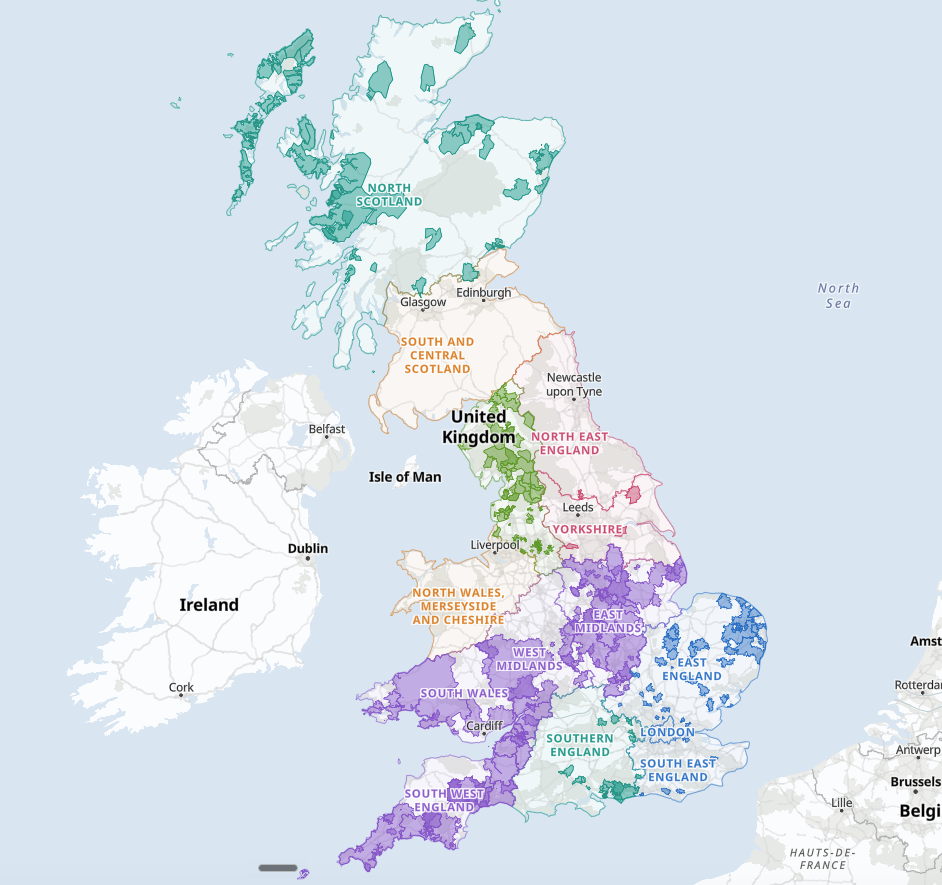 Map of GB showing DNO flexibility areas