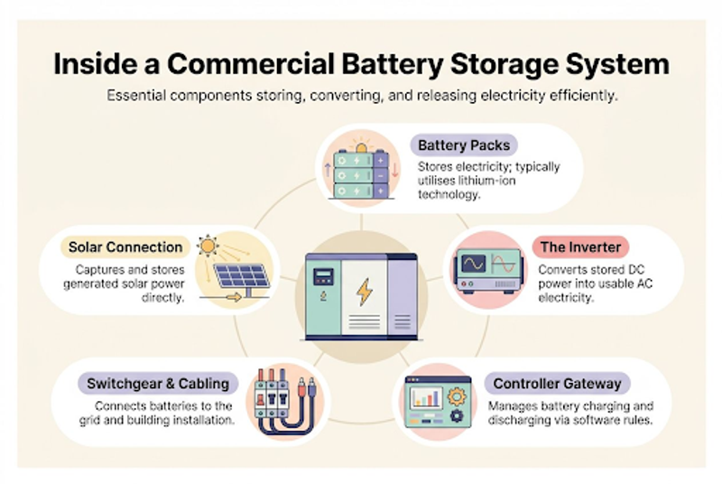 Infographic illustrating the essential components inside a commercial battery storage system, including battery packs, an inverter, a controller gateway, switchgear and cabling, and a solar connection.