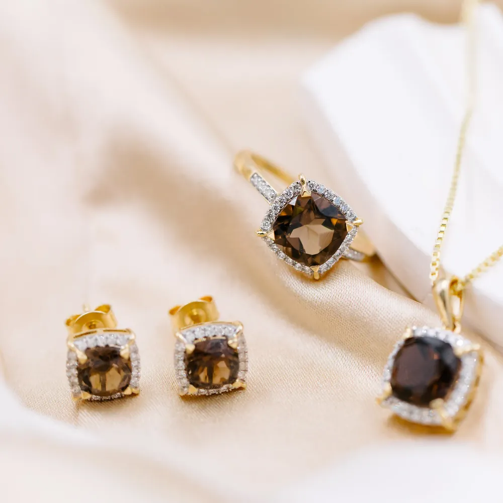 Siena diamantsmykker i gult gull med røykkvarts