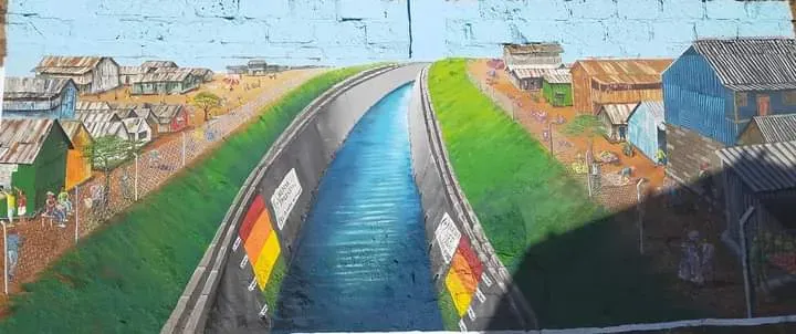 a mural of a community waterway