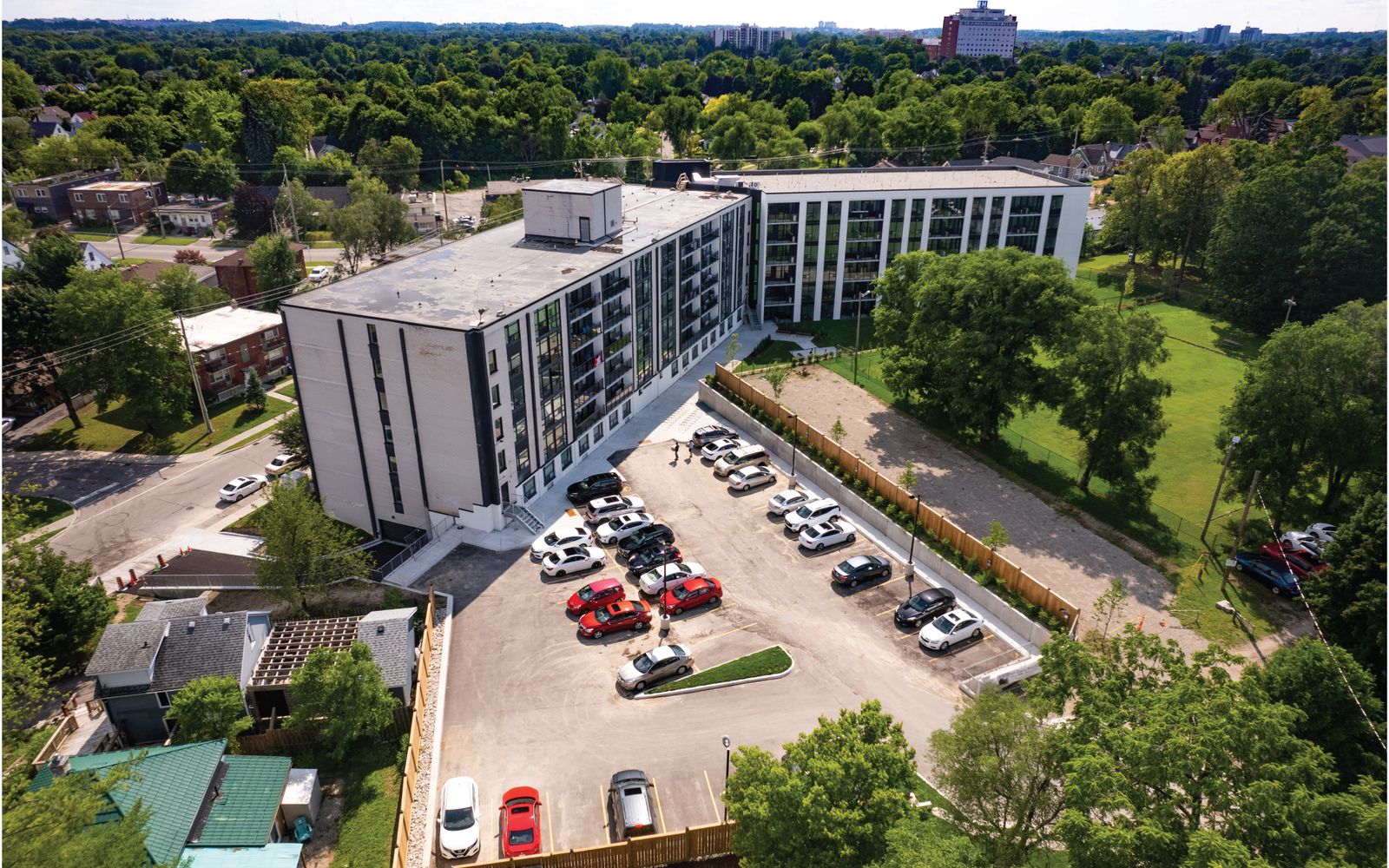 Aerial view of surface parking at The Woodside Terraces.