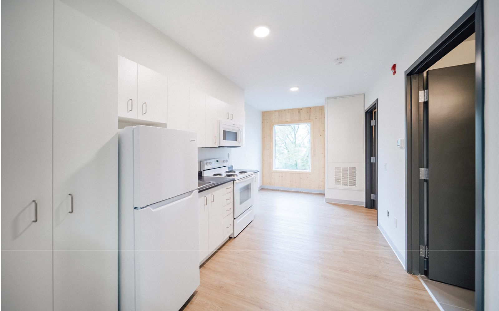 Interior of a Passage House suite with a kitchenette and exposed mass timber around a window.