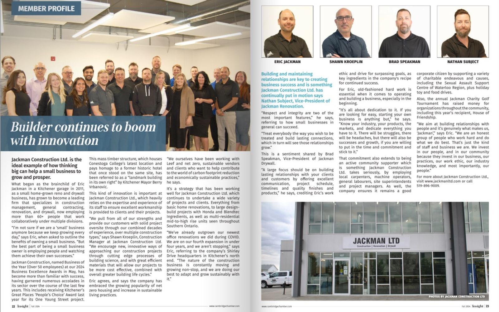 Insight magazine Fall 2024 member profile spread on Jackman Ltd., including the management team photo and office exterior.