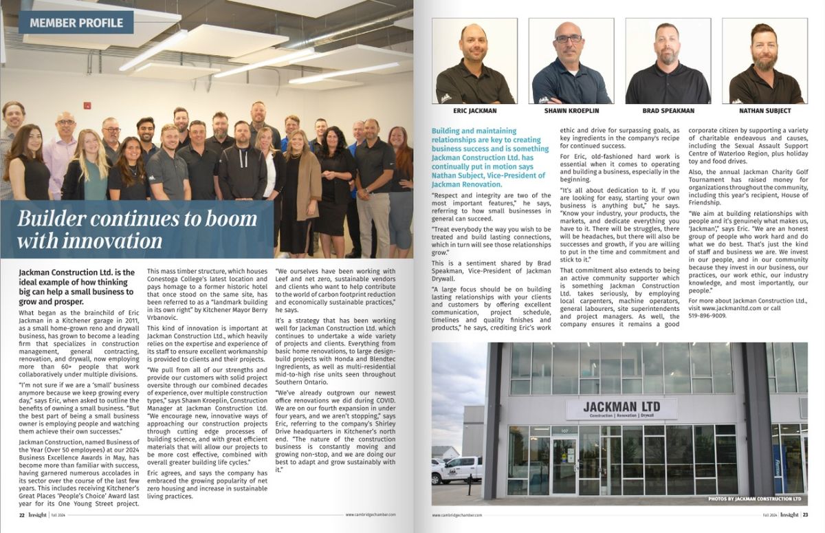 Insight magazine Fall 2024 member profile spread on Jackman Ltd., including the management team photo and office exterior.