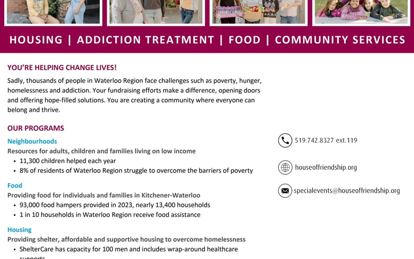 House of Friendship graphic describing neighbourhoods, food, housing, and addiction treatment programs in Waterloo Region.