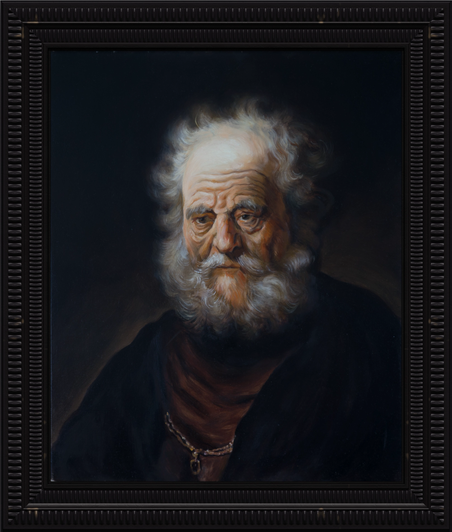 Olieverf schilderij (meester kopie) van 'studie van het hoofd van een oude man' van Rembrandt