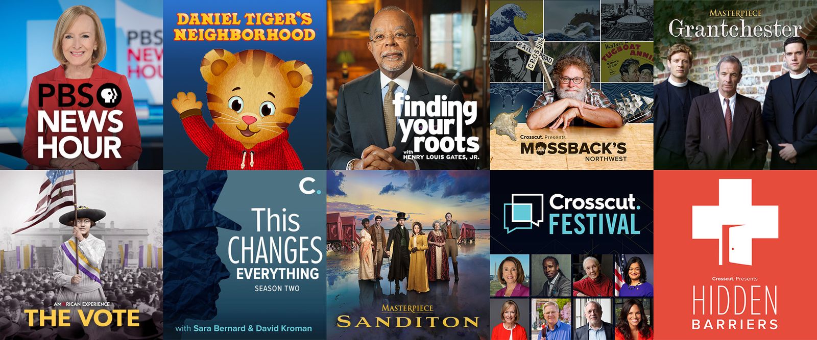 A grid of content from Cascade Public Media: PBS Newshour, Daniel Tiger's Neighborhood, Finding your roots, Mossback's Northwest, Grantchester, The Vote, This Changes Everything, Sandition, Crosscut Festival, Hidden Barriers