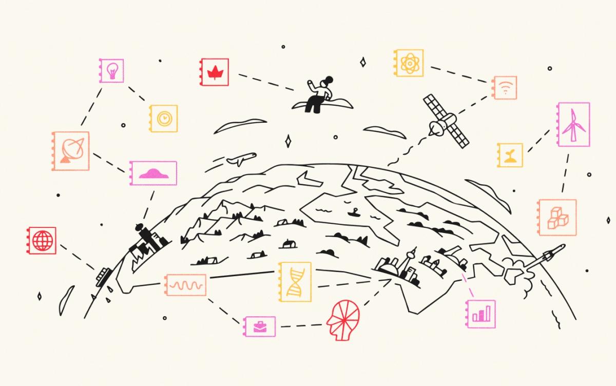 Be Giant illustration of Canada on a globe surrounded by editorial topics