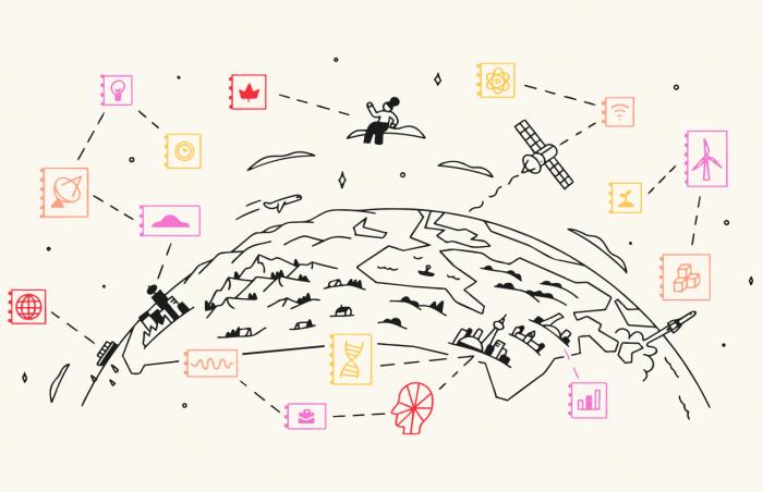 Be Giant illustration of Canada on a globe surrounded by editorial topics