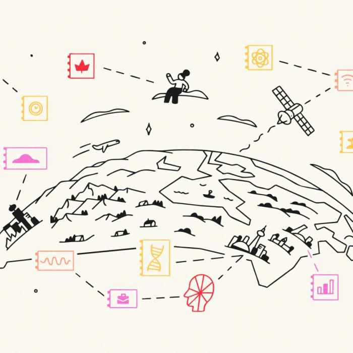 Be Giant illustration of Canada on a globe surrounded by editorial topics
