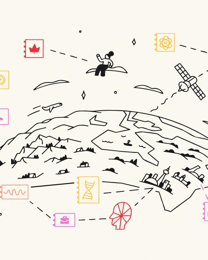 Be Giant illustration of Canada on a globe surrounded by editorial topics