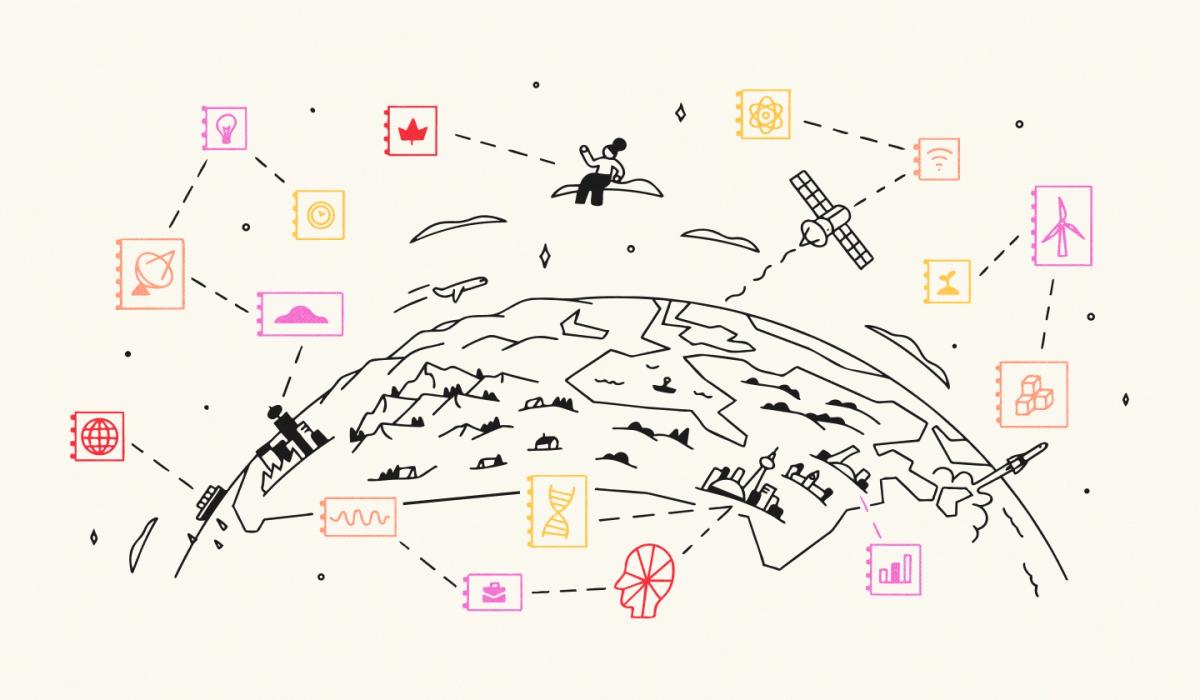 Be Giant illustration of Canada on a globe surrounded by editorial topics