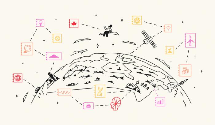 Be Giant illustration of Canada on a globe surrounded by editorial topics