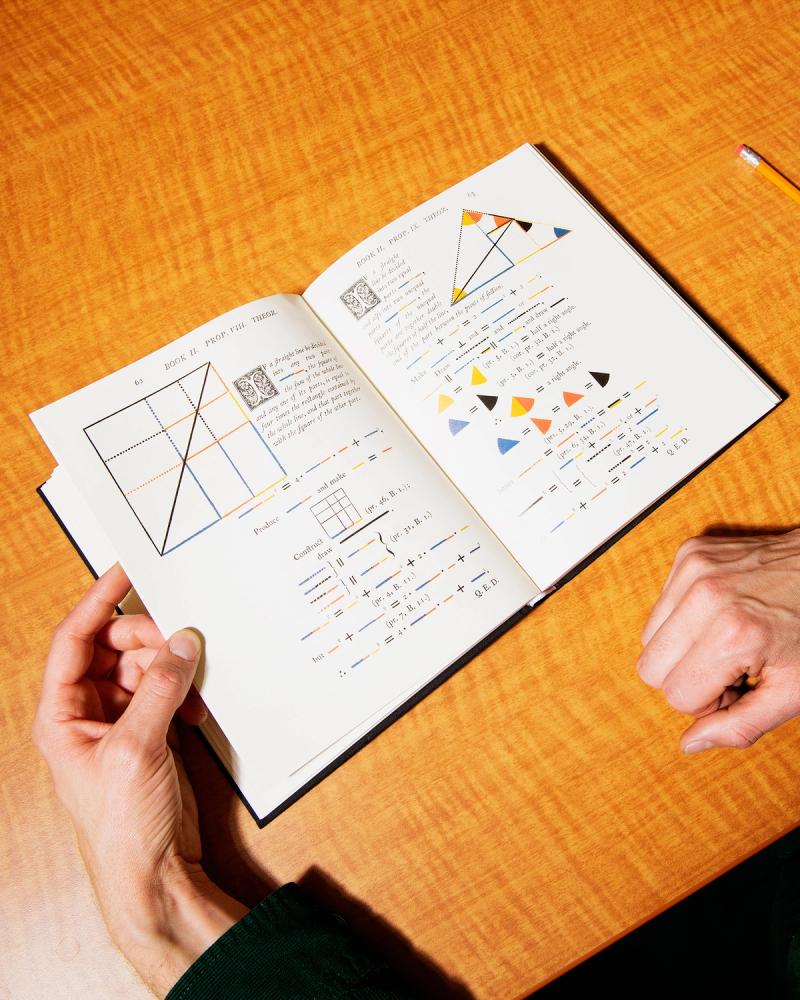 A close up of the hands of Michael Groechenig contemplating a proof in an open page of Euclid's Elements