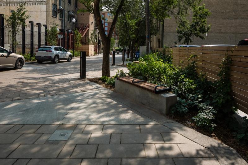 John Hirsch Place is one of Winnipeg’s first sponge initiatives: railway-tie planters of white lilac shrubs, mature elm trees and a wall of climbing vines in a hidden laneway behind what used to be warehouses.