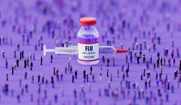 Human crowd surrounding an injectable flu vaccine bottle on purple background. Horizontal composition with copy space.