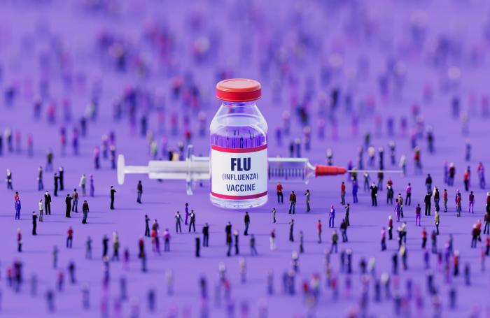 Human crowd surrounding an injectable flu vaccine bottle on purple background. Horizontal  composition with copy space.