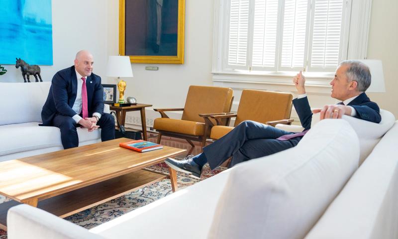 Prime Minister Mark Carney during a meeting with Eliot Pence in the Prime Minister's Office at 80 Wellington in Ottawa on April 7, 2026.