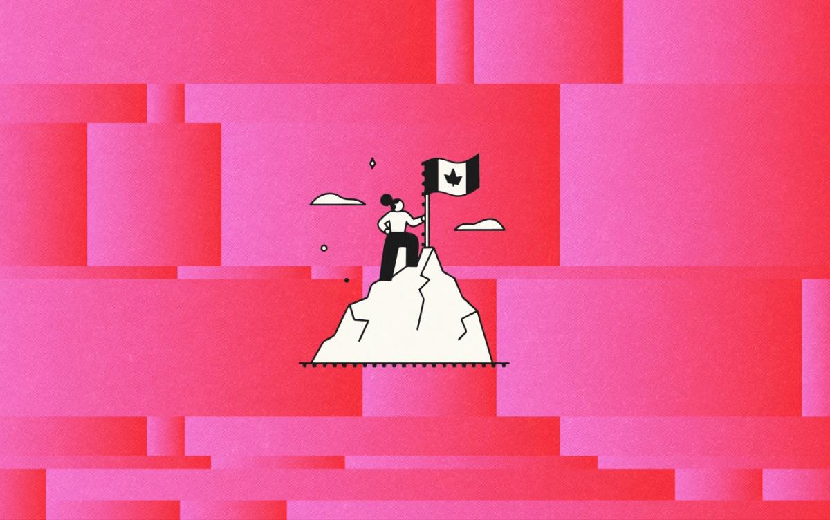 An illustration showing a woman with a bun planting a Canadian flag on the top of a mountain and a series of graphics around it to represent Be Giant's Upstart Index 2026 poll of Canadian entrepreneurs