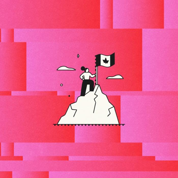An illustration showing a woman with a bun planting a Canadian flag on the top of a mountain and a series of graphics around it to represent Be Giant's Upstart Index 2026 poll of Canadian entrepreneurs