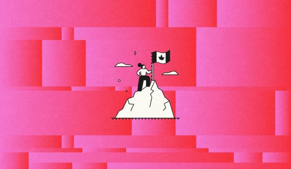 An illustration showing a woman with a bun planting a Canadian flag on the top of a mountain and a series of graphics around it to represent Be Giant's Upstart Index 2026 poll of Canadian entrepreneurs