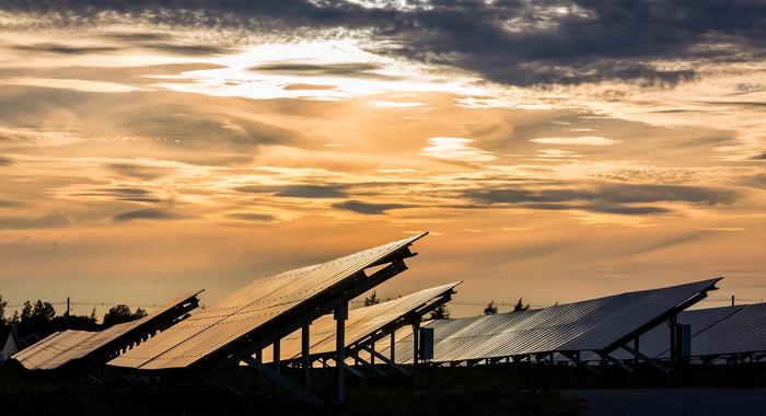 The sun sets over rows of solar panels at Summerside, P.E.I.'s 80-acre Sunbank solar farm and battery storage facility.