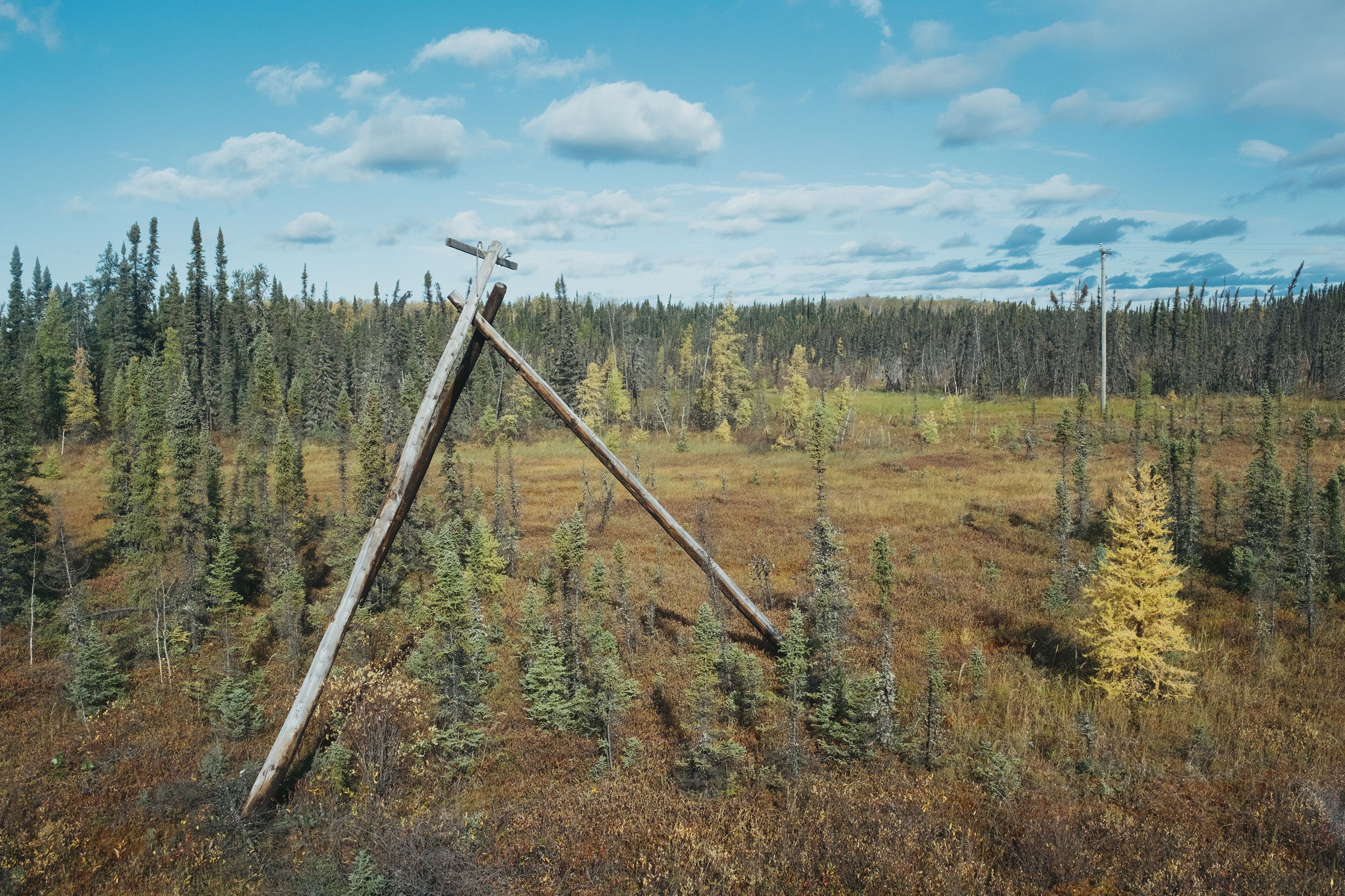 An old electoral pole near Pikwitonei, Manitoba on September 27, 2026.