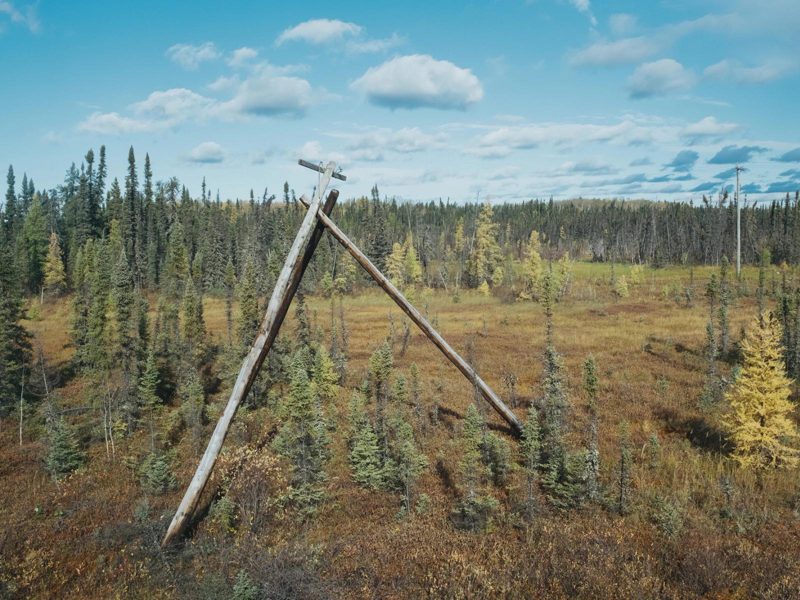 An old electoral pole near Pikwitonei, Manitoba on September 27, 2026.
