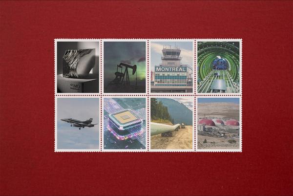 Maroon background featuring stamps that include industries key to Canadian growth, like oil and gas, airports, chips, pipelines and mines
