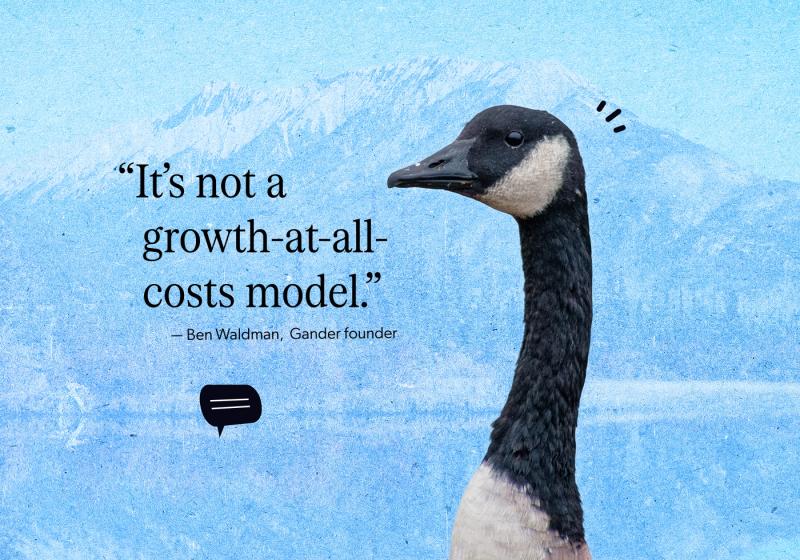 A Canada goose on a blue background with a mountain overlay with a quote that says 'It's not a growth-at-all-costs mdoel' by Gander social media founder Ben Waldman beside it