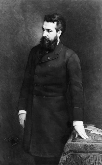 A black and white photograph of a painting of Alexander Graham Bell as a young man