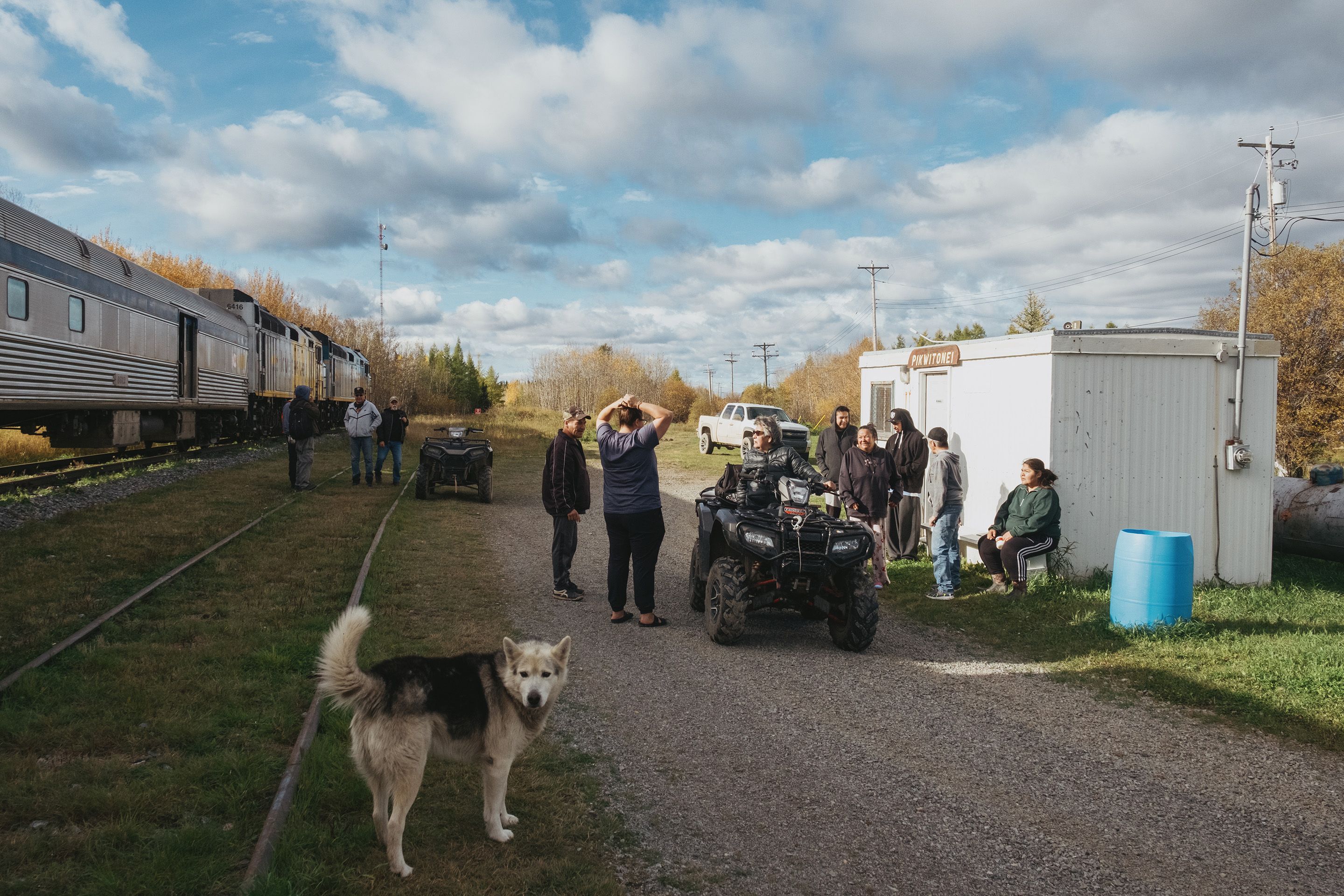 People and dogs wait to get on train to Churchill