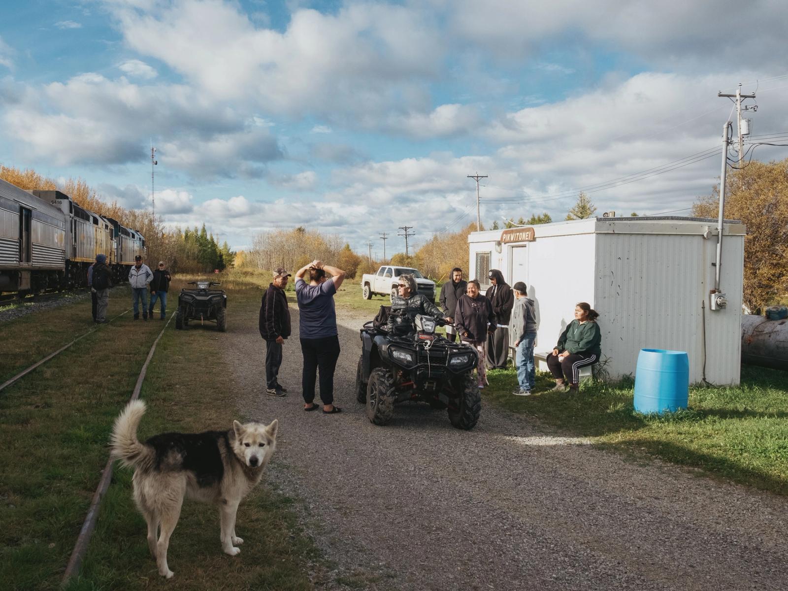 People and dogs wait to get on train to Churchill