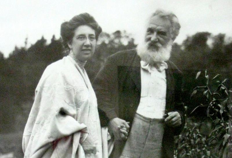 Mabel Gardiner Hubbard and Alexander Graham Bell standing in the garden at the Bell Homestead in Brantford, Ontario circa 1915.