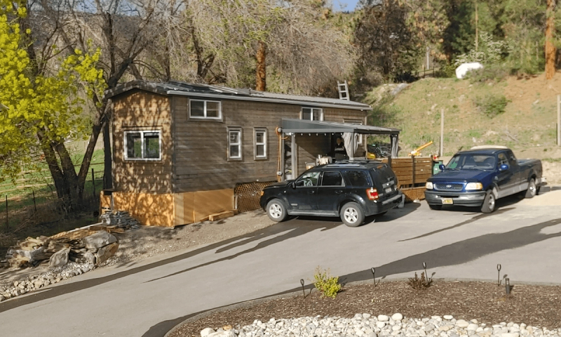 A tiny home on wheels in Naramata, B.C., overlooking Okanagan Lake. 