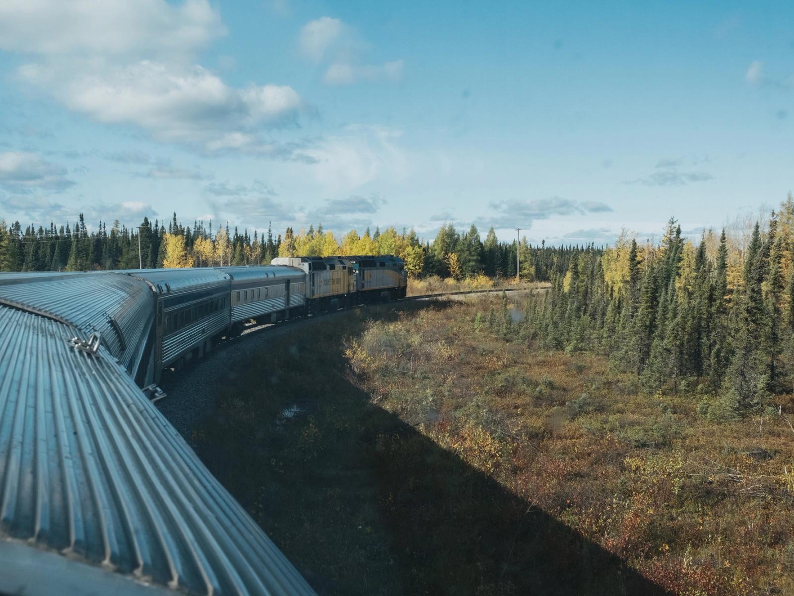 view of the train from outside driving between Winnipeg and Churchill