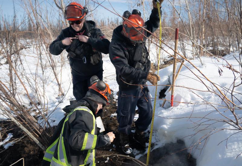 A Northern Fire WoRx (NFWRx) crew measuring the depth of overwinter fire through the snow with measuring polls