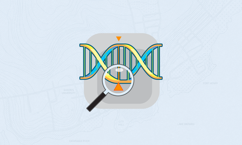 Grey square containing an illustration of a DNA helix and a magnifying glass with Kingston Ontario map in foreground