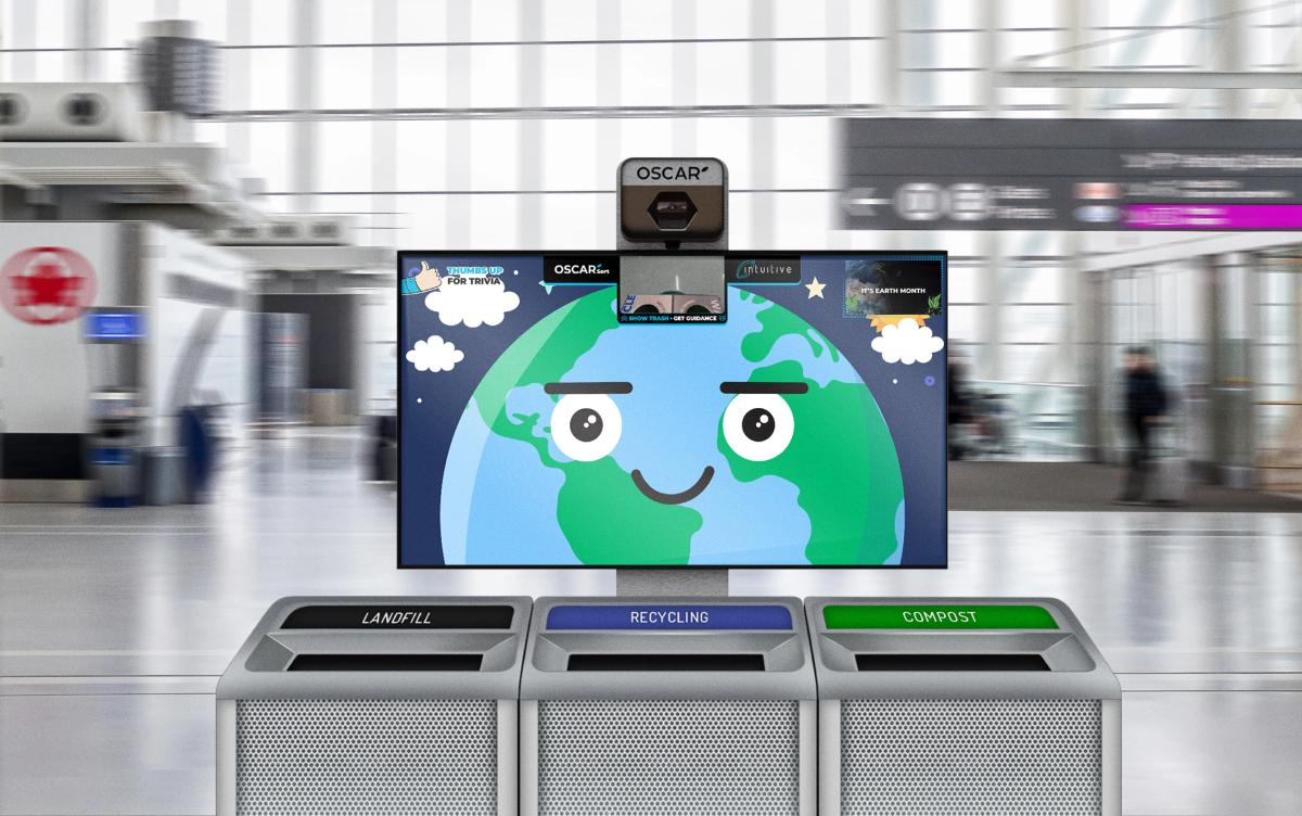 A photo illustration of Oscar Sort AI trash recycling, showing a yellow smiley face and camera on a screen above a set of three trash cans labelled "landfill" "recycling" and "compost"