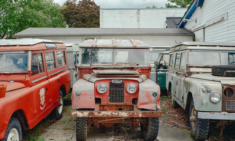 Land Rovers awaiting restoration at 3 Brothers Classic Rovers in Paris, Ontario.