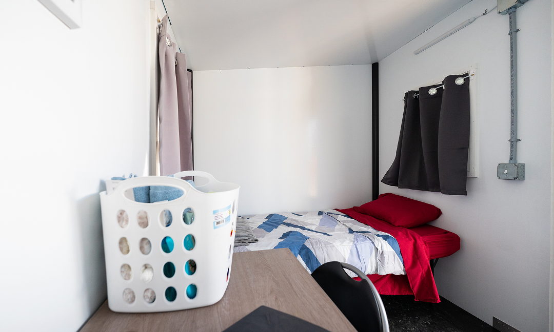 The interior of a prefabricated tiny shelter at the Pine Tree Park on the outskirts of Sydney on Cape Breton Island.