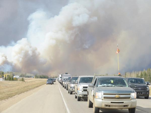 A line of cars behind Kitty Cochrane's car as the family evacuated Fort McMurray in 2016.