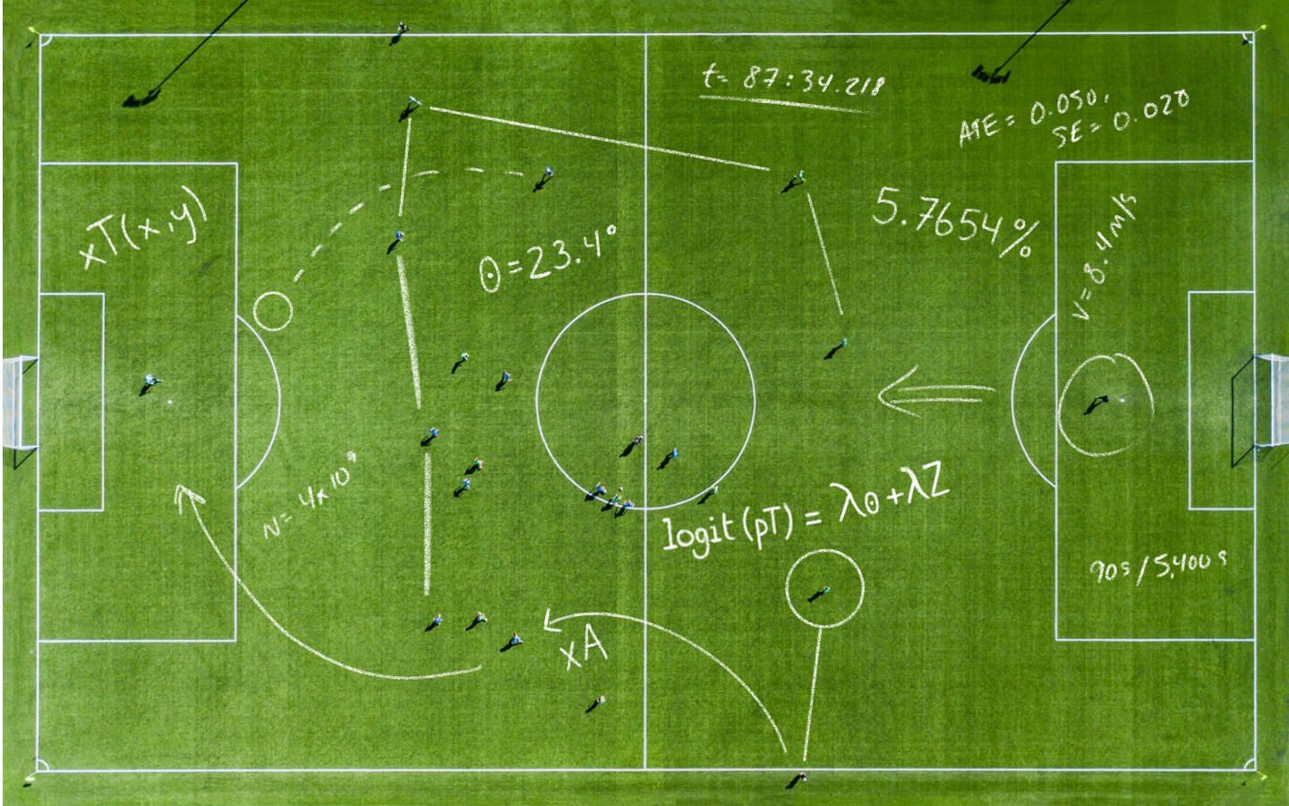Aerial view of a soccer pitch overlaid with hand-drawn statistical equations, angles, and analytics notations