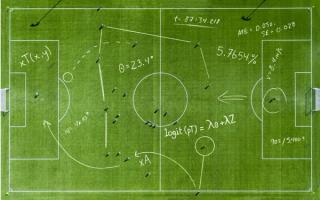 Aerial view of a soccer pitch overlaid with hand-drawn statistical equations, angles, and analytics notations