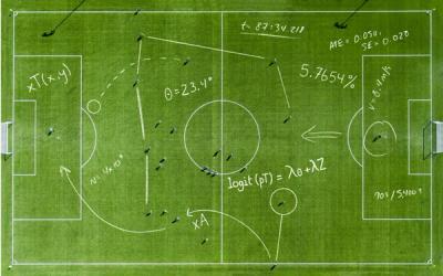 Aerial view of a soccer pitch overlaid with hand-drawn statistical equations, angles, and analytics notations
